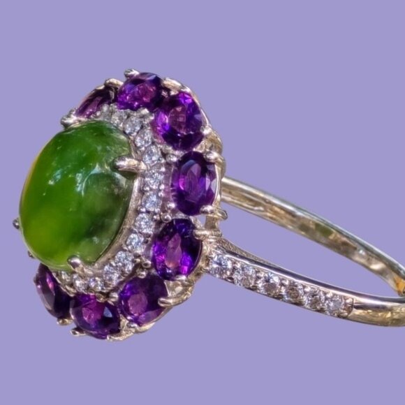 925 Sterling Silver Ring Sz 9 with Natural Jade 8x10mm & Amethyst Gems - Picture 2 of 7